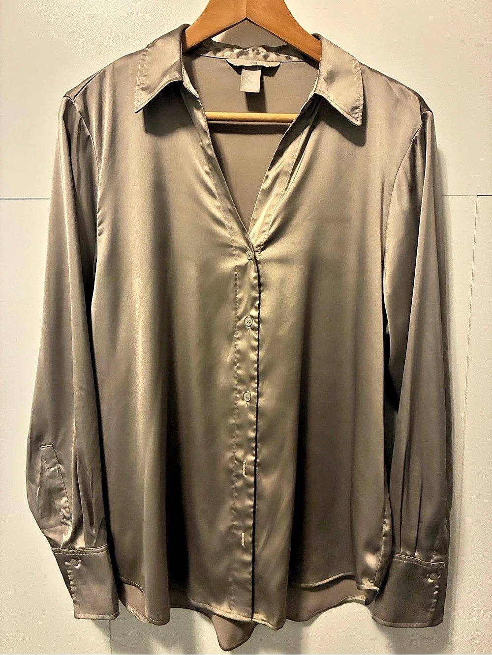 H&M Satin Button-Down Shirt Taupe in Size Medium